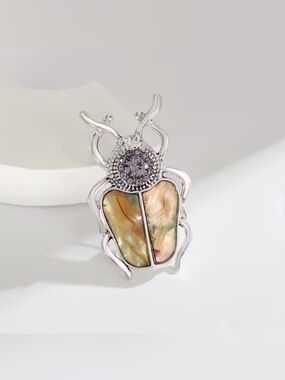 Beetle Brooch Silvery Yellow Color Modern New